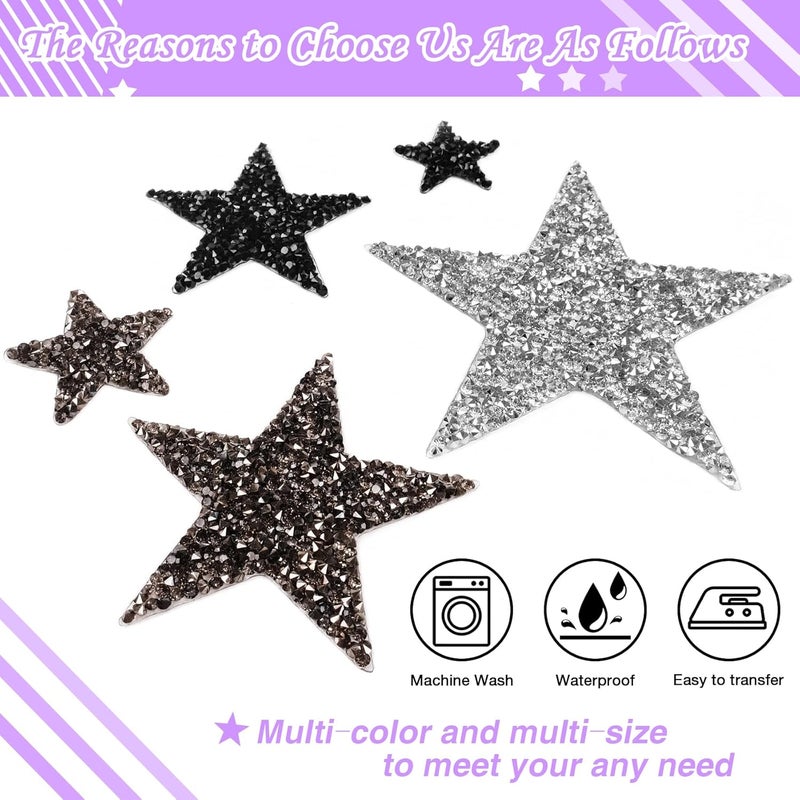 Torc 64Pcs Iron On Glitter Star Patches - Silver Rhinestone No Sew Appliques for Hats, DIY Crafts, Girly Fashion Accessories for Jeans, Shirts, Jackets, Iron On Patches (Silver & Black, Mixed Size) - Image 3